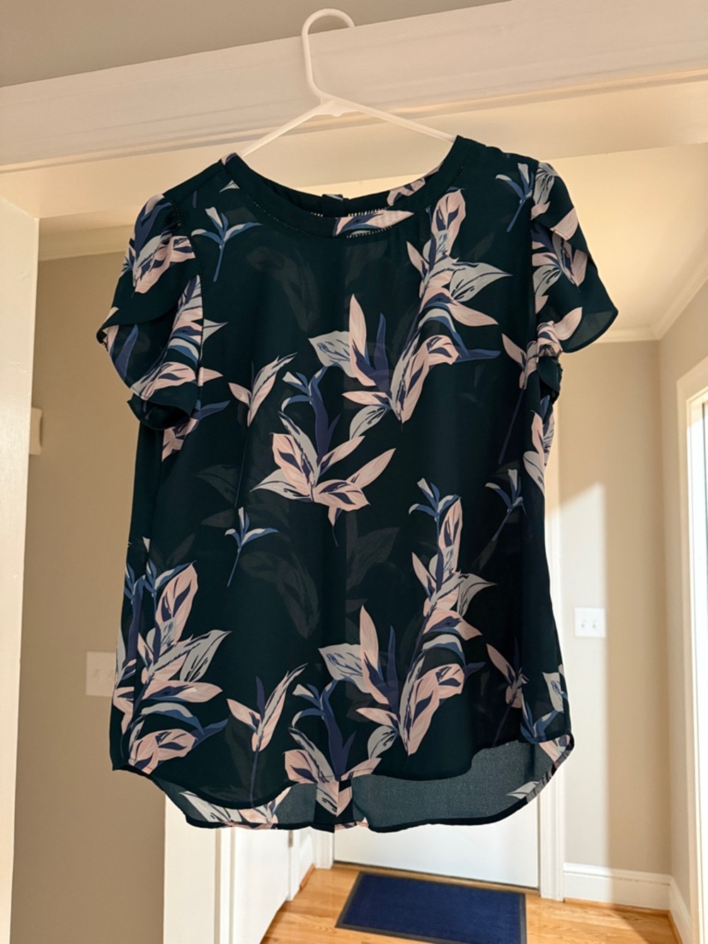 Navy Floral Flutter-Sleeve Blouse with Blush Leaf Print